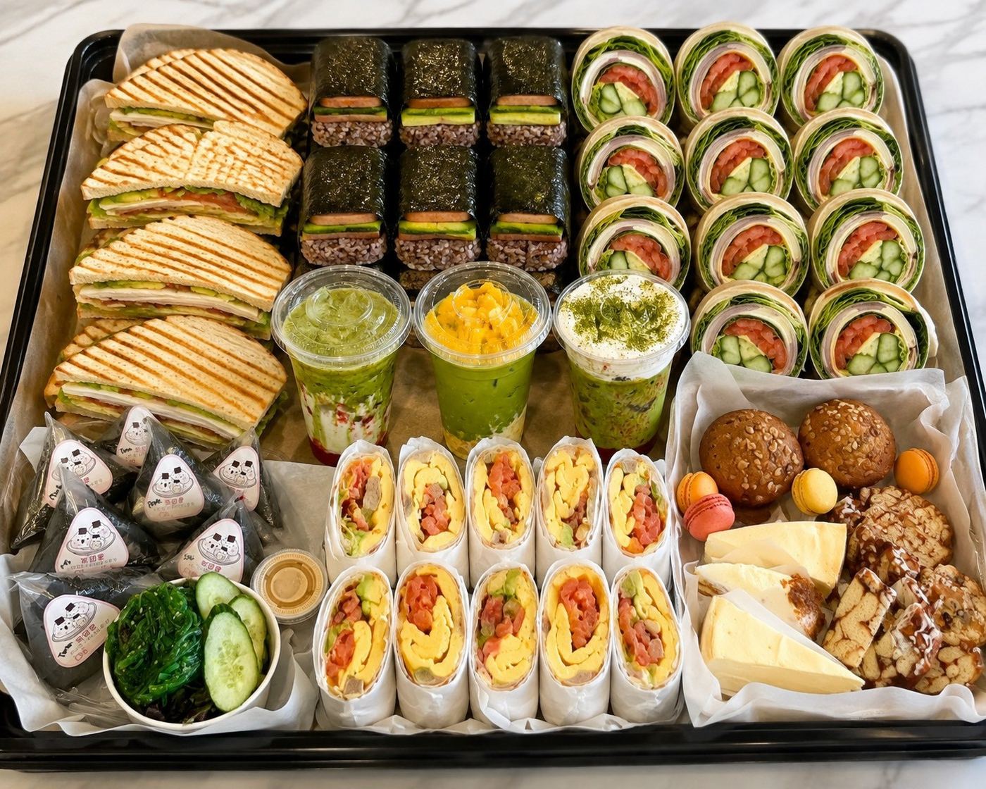 Large Brown Cup catering tray with panini, spam musubi, turkey wraps, breakfast burritos, onigiri and pastries