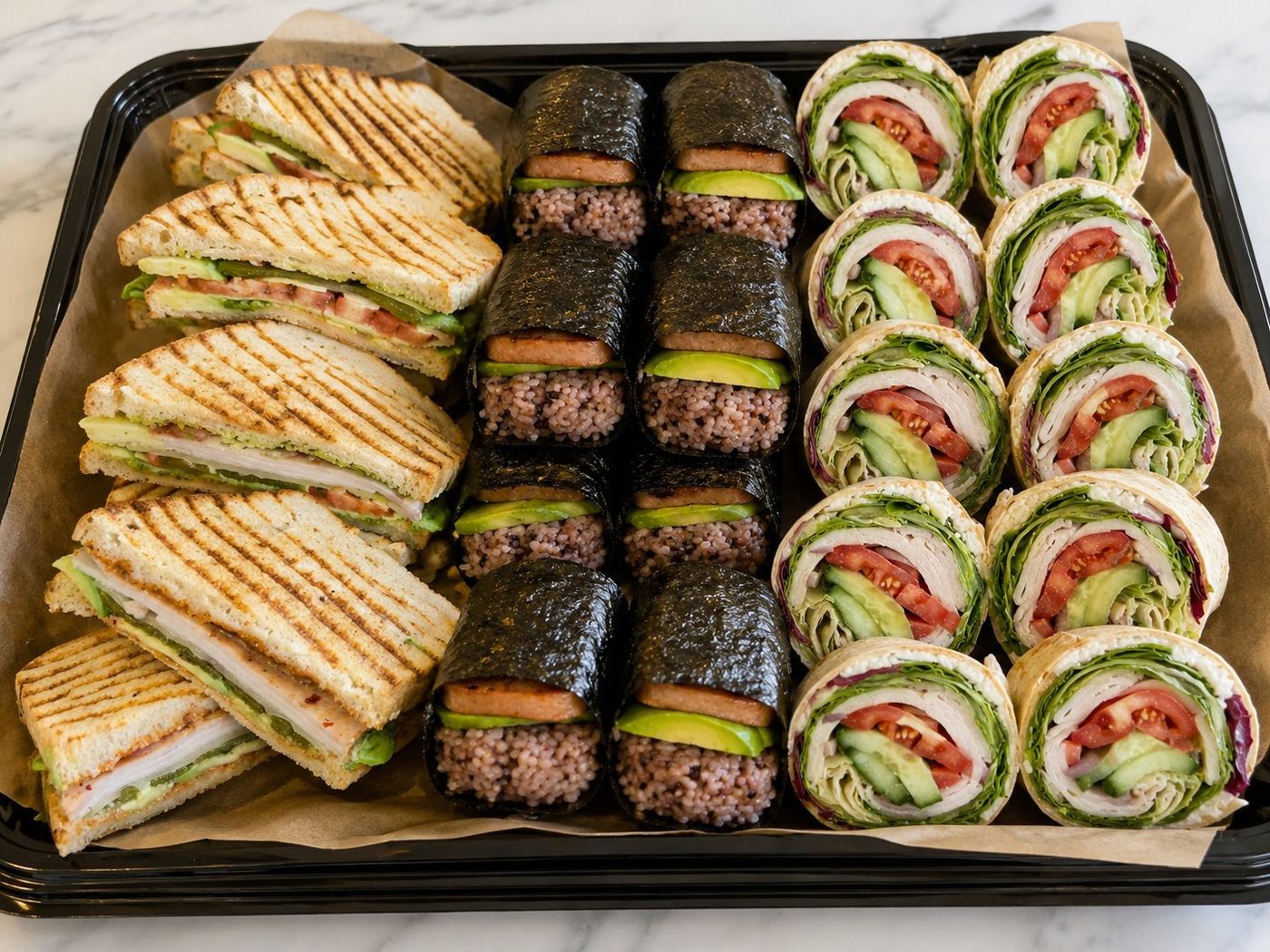 Catering tray of panini halves, spam musubi and turkey pinwheel wraps